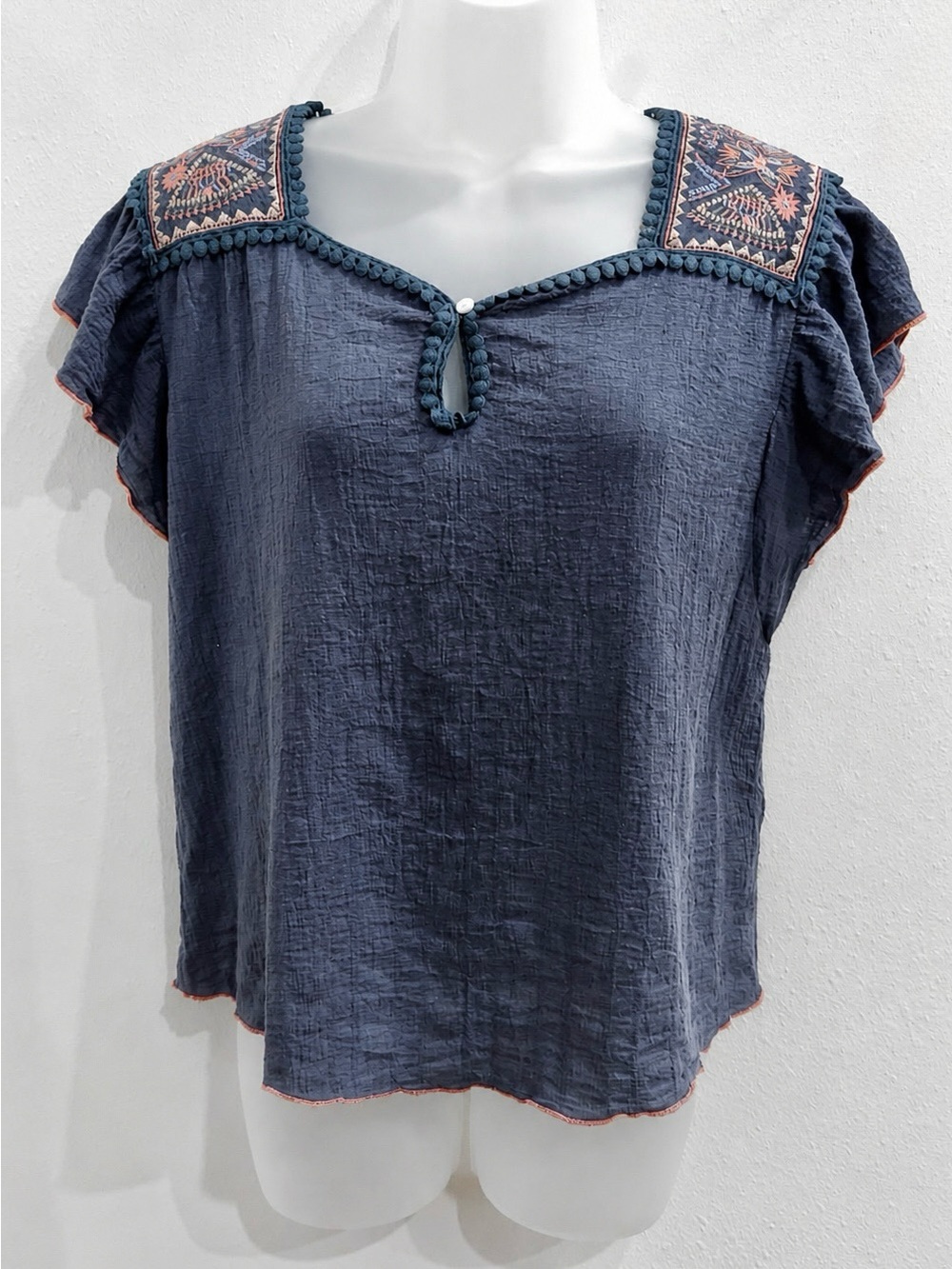 THML Navy Embroidered Flutter Sleeve Blouse